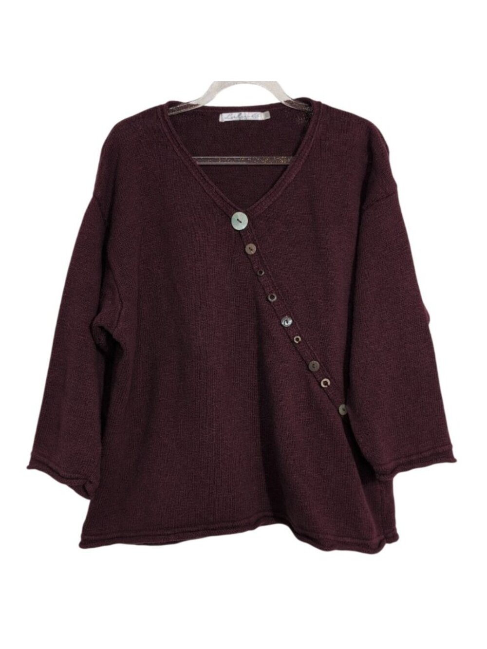 Lulu B Diagonal Button Sweater Womens Size XL Burgundy V Neck Boho Lagenlook